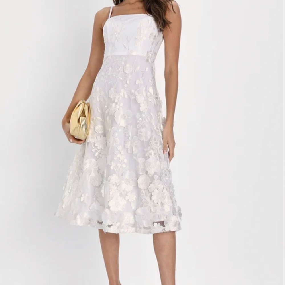 White 3D Floral Midi Dress